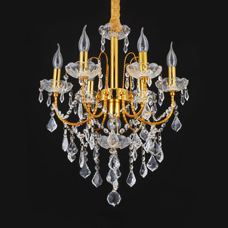 Swag Crystal Strand Candelabra Chandelier - Traditional Metal 5/7/9 Bulbs Gold Hanging Light For