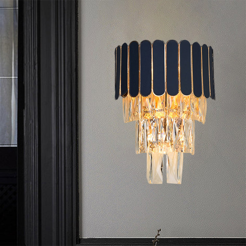 Contemporary Black Tiered Crystal Wall Sconce With 3 Heads - Stylish Living Room Lighting Idea