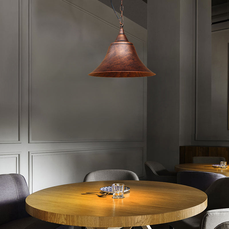 Rust Finish Bell Pendant Light - Farmhouse Style Wrought Iron 1-Bulb Restaurant Ceiling Mount