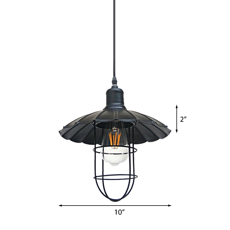 1 Head Black Metal Wire Guard Pendant Light With Nautical Scalloped Shade For Stylish Restaurant