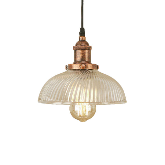1-Light Ribbed Glass Dome Pendant Ceiling Light For Industrial & Rustic Settings.