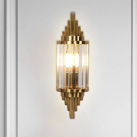 Postmodern Gold Finish Cylinder Wall Sconce With Crystal Prisms - Ideal For Living Room