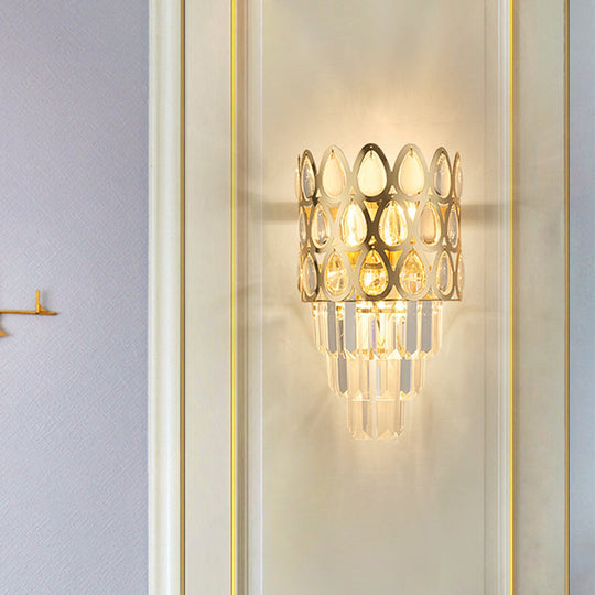 Contemporary Grid Wall Mount Teardrop Crystal Light - 3 Lights Black/Gold Sconce Lamp Fixture