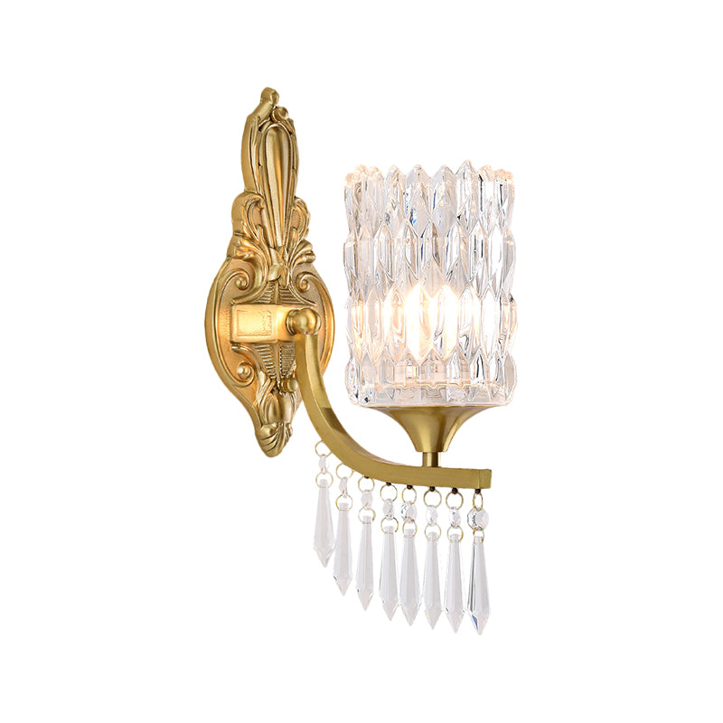 Postmodern Gold Column Wall Lamp With Clear Crystal Shade - Elegant Single Bulb Lighting Fixture