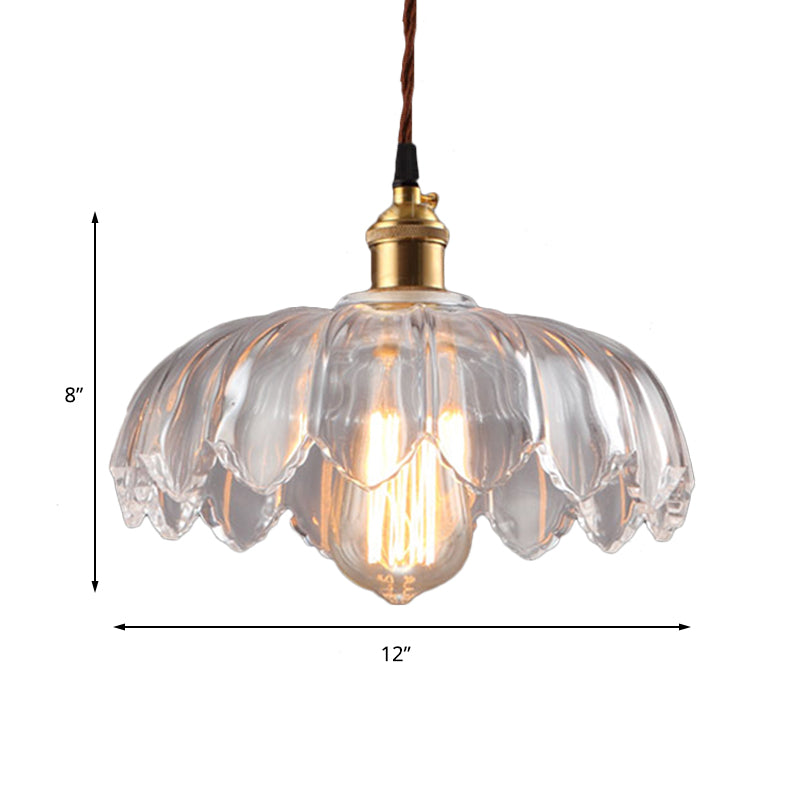 Scalloped Shade Clear Glass Pendant Lighting - Single Bulb Industrial Ceiling Light For Living Room