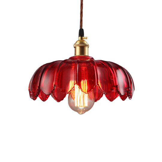 Industrial Scalloped Pendant Lamp - 1 Light Red Glass Hanging Ceiling For Living Room