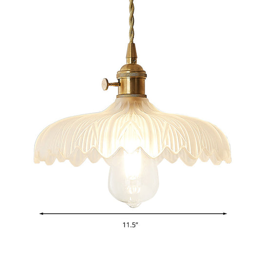 Brass Scalloped Pendant Ceiling Light With Frosted Glass - Farmhouse Style 1-Light Hanging Lamp For