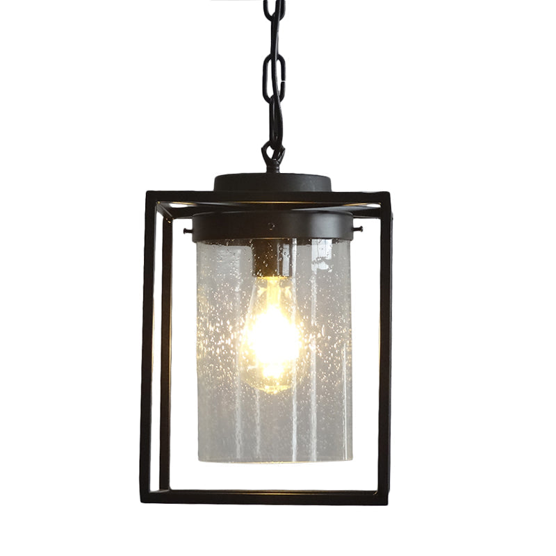 Industrial Black Pendant Light With Seeded Glass Cylinder For Indoor Spaces - Includes Cage