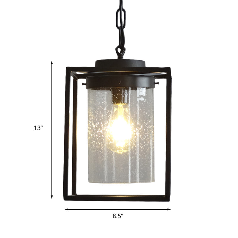 Industrial Black Pendant Light With Seeded Glass Cylinder For Indoor Spaces - Includes Cage