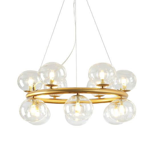 Modern 12-Bulb Gold Chandelier With Clear Glass Shade - Stylish Globe Suspension Light