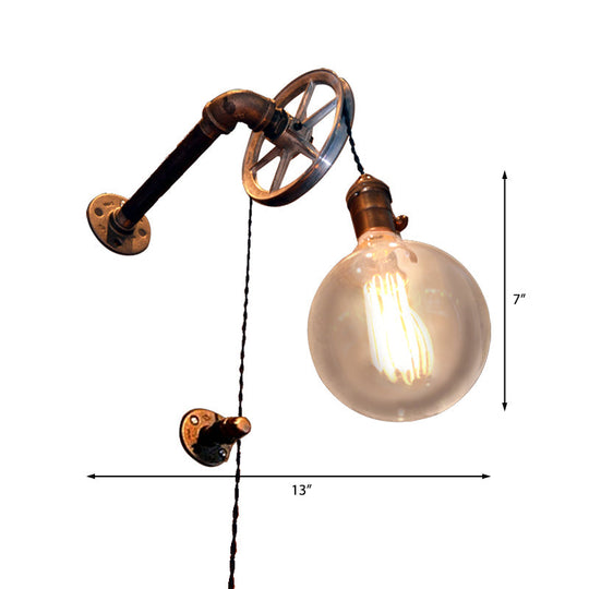 Rustic Vintage Style Pulley Wall Light With Bare Bulb - 1 Iron Sconce For Farmhouse Décor