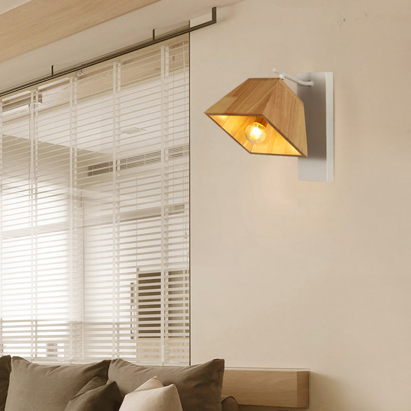 Beige Trapezoid Shade Rotatable Wood Wall Sconce - Modern Balcony Bedroom Lamp