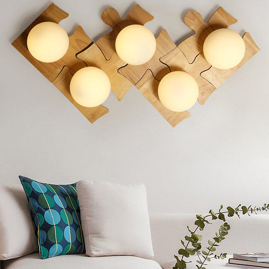 Japanese Style Wooden Puzzle Base Wall Light - 1 Beige Sconce Lamp For Corridor & Kitchen