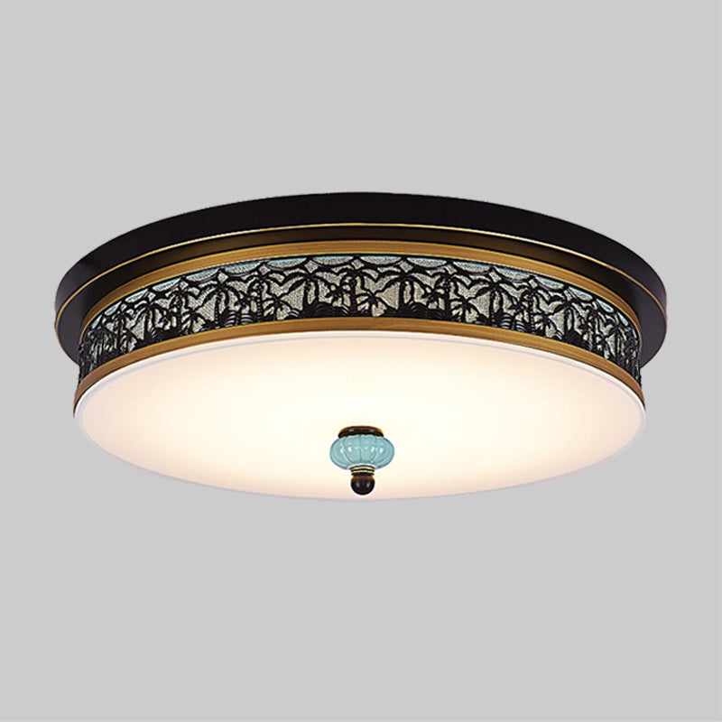 16’ - 19.5’ W Led Flush Mount Ceiling Light Fixture | Black - Gold Opal Glass Drum Dining Hall