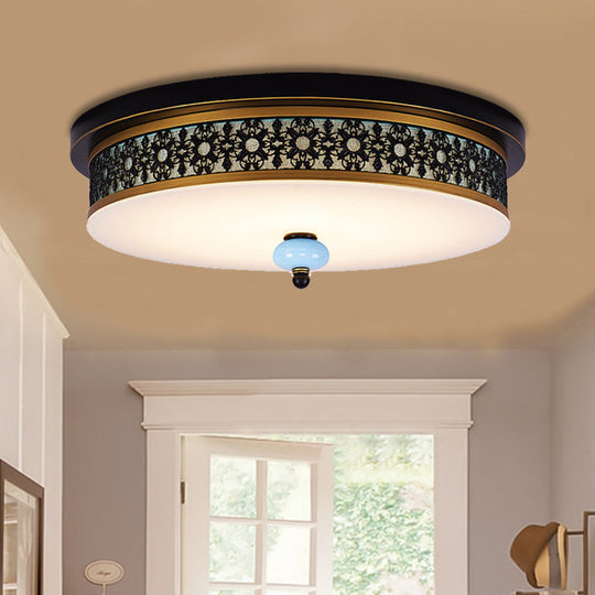 16’ - 19.5’ W Led Flush Mount Ceiling Light Fixture | Black - Gold Opal Glass Drum Dining Hall / A