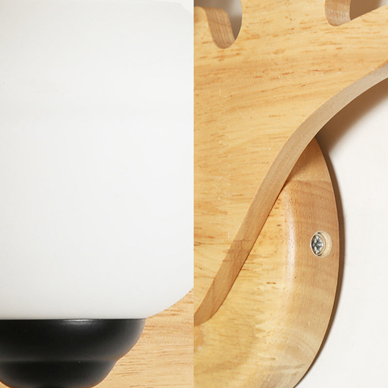 Modern Deer Head Wall Light In Beige For Bedroom - 1 Wood Sconce