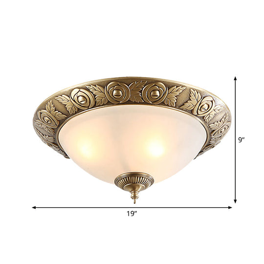 Antiqued Milky Glass Bedroom Ceiling Light With Brass Flush Mount - 2/3 - Head Available In 12’