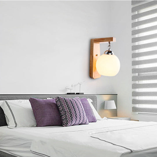 Modern Opal Glass Globe Wall Light With Wood Base - White Sconce For Bedroom