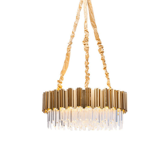Gold Drum Shaped Crystal Icicles Pendant Chandelier 10/15-Bulb Postmodern Hanging Light