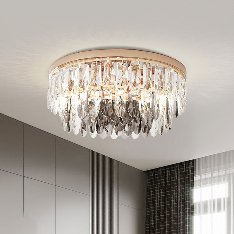 Clear Crystal Drum Flush Light - Contemporary Hotel Ceiling Fixture (3/4 - Light 11’/16’ Width)