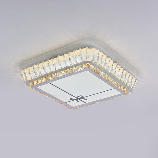 Contemporary Crystal Ceiling Flush Light With Led And White Trellis/Bowknot Design