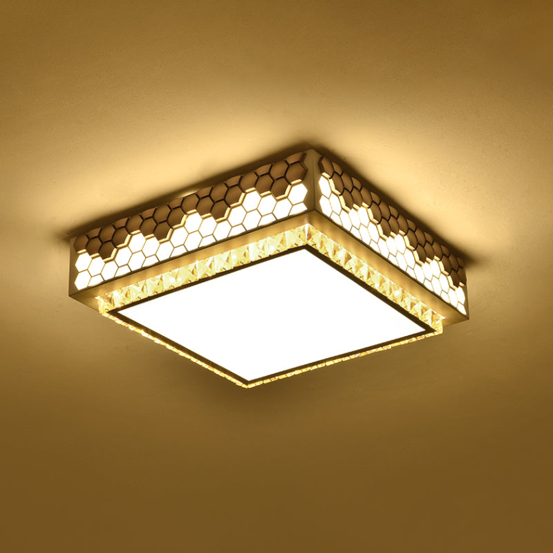 Modern Crystal Led Square Box Ceiling Lamp - White Flush Mount With Honeycomb Side
