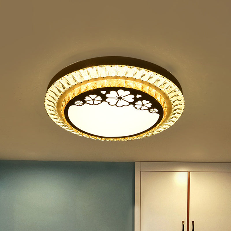 Contemporary Round Led Ceiling Flush Mount With Clear Cut Crystal & Elegant Floral/Cubical Pattern /