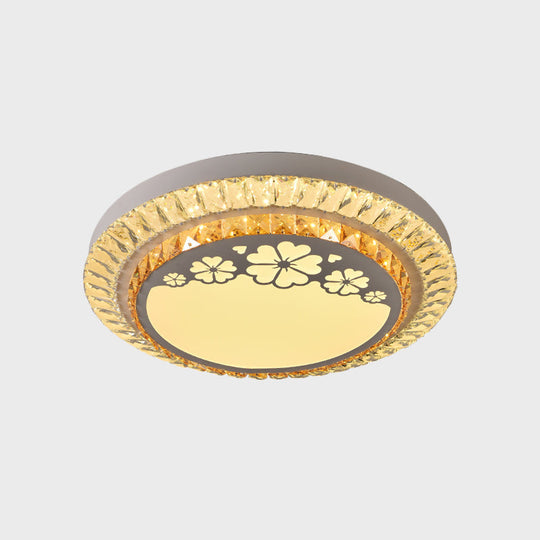 Contemporary Round Led Ceiling Flush Mount With Clear Cut Crystal & Elegant Floral/Cubical Pattern