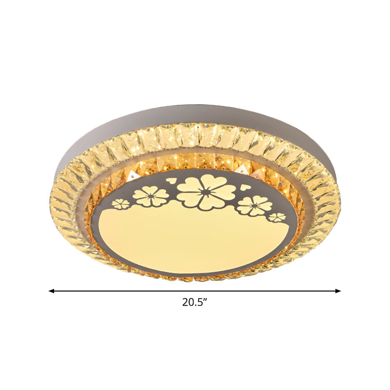 Contemporary Round Led Ceiling Flush Mount With Clear Cut Crystal & Elegant Floral/Cubical Pattern