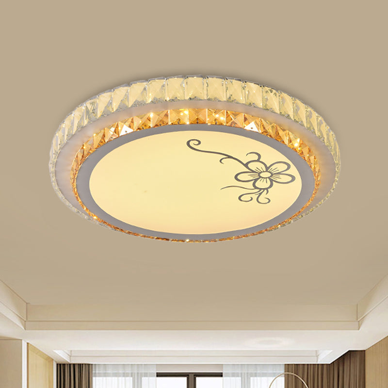 Contemporary Round Led Ceiling Flush Mount With Clear Cut Crystal & Elegant Floral/Cubical Pattern /