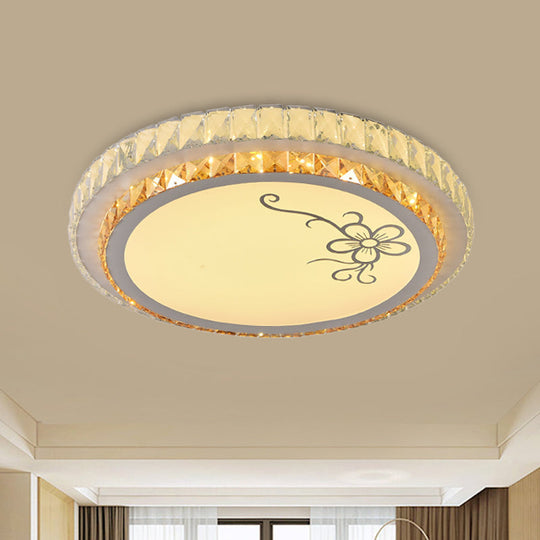 Contemporary Round Led Ceiling Flush Mount With Clear Cut Crystal & Elegant Floral/Cubical Pattern /