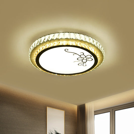 Contemporary Round Led Ceiling Flush Mount With Clear Cut Crystal & Elegant Floral/Cubical Pattern