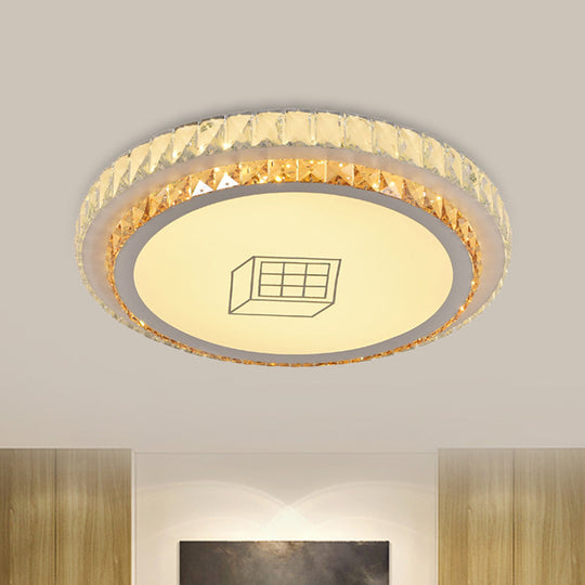 Contemporary Round Led Ceiling Flush Mount With Clear Cut Crystal & Elegant Floral/Cubical Pattern /