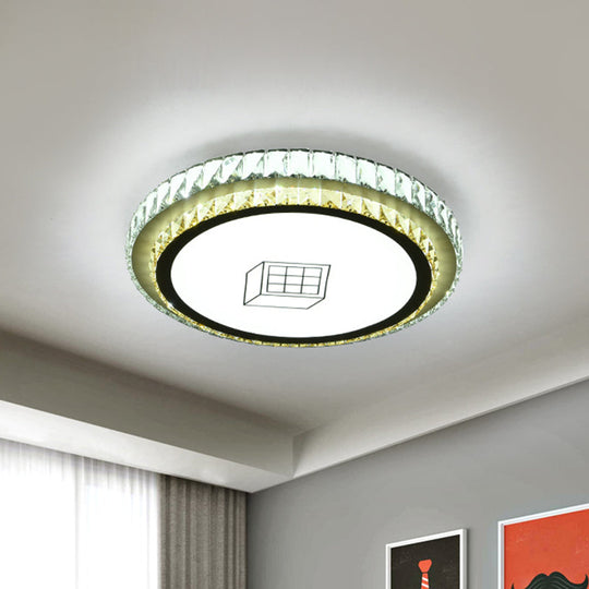 Contemporary Round Led Ceiling Flush Mount With Clear Cut Crystal & Elegant Floral/Cubical Pattern