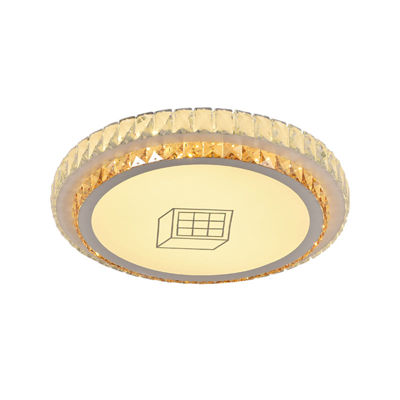 Contemporary Round Led Ceiling Flush Mount With Clear Cut Crystal & Elegant Floral/Cubical Pattern