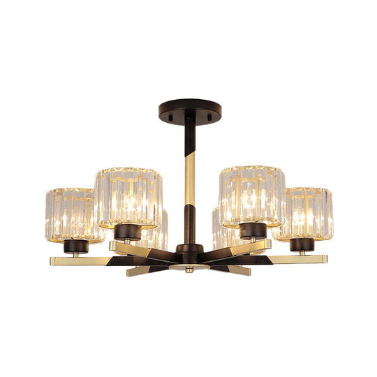 Modern Cylindrical Crystal Semi Flush Chandelier In Black - 6/8 - Head Living Room Ceiling Light