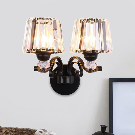 Prismatic Crystal Cone Wall Lamp: 1/2-Bulb Traditional Light For Living Room In Black 2 / Clear