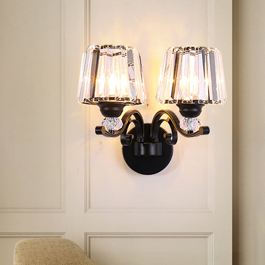 Prismatic Crystal Cone Wall Lamp: 1/2-Bulb Traditional Light For Living Room In Black