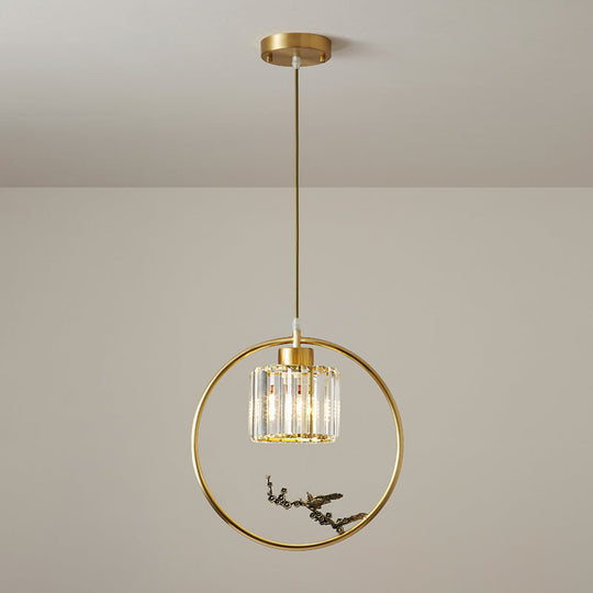 Modern Gold Circle Pendant With Crystal Cylinder Down Lighting For Dining Room – Includes