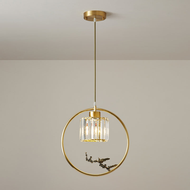 Modern Gold Circle Suspension Pendant With Decorative Bird/Dragonfly - Crystal Cylinder Dining Room