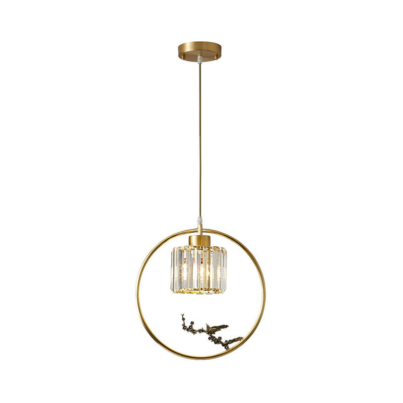 Modern Gold Circle Pendant With Crystal Cylinder Down Lighting For Dining Room – Includes