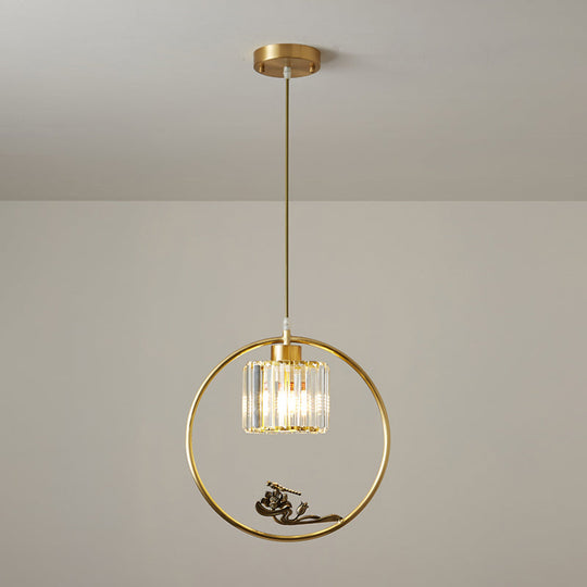 Modern Gold Circle Suspension Pendant With Decorative Bird/Dragonfly - Crystal Cylinder Dining Room