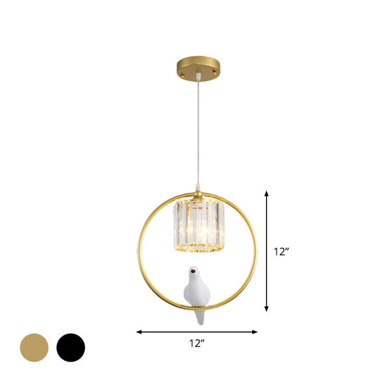 Black/Gold Hoop Pendulum Modern Pendant Light With Bird And Cylinder Crystal Shade