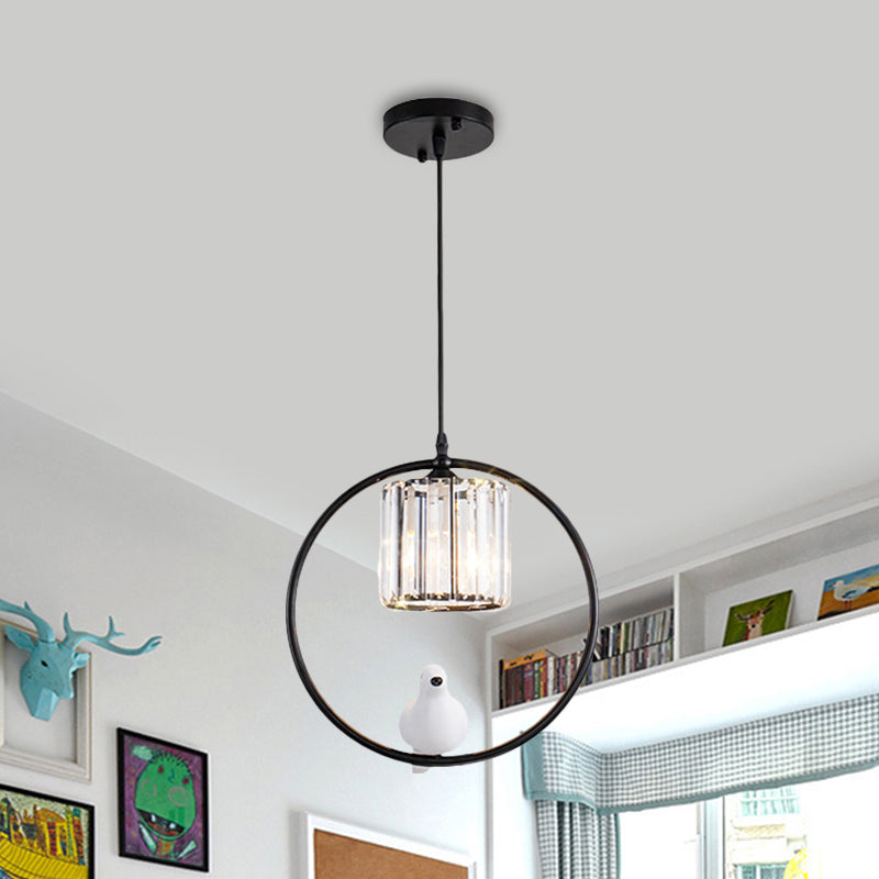 Black/Gold Hoop Pendulum Modern Pendant Light With Bird And Cylinder Crystal Shade Black