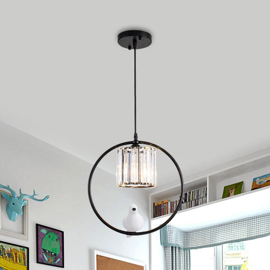 Black/Gold Hoop Pendulum Modern Pendant Light With Bird And Cylinder Crystal Shade Black