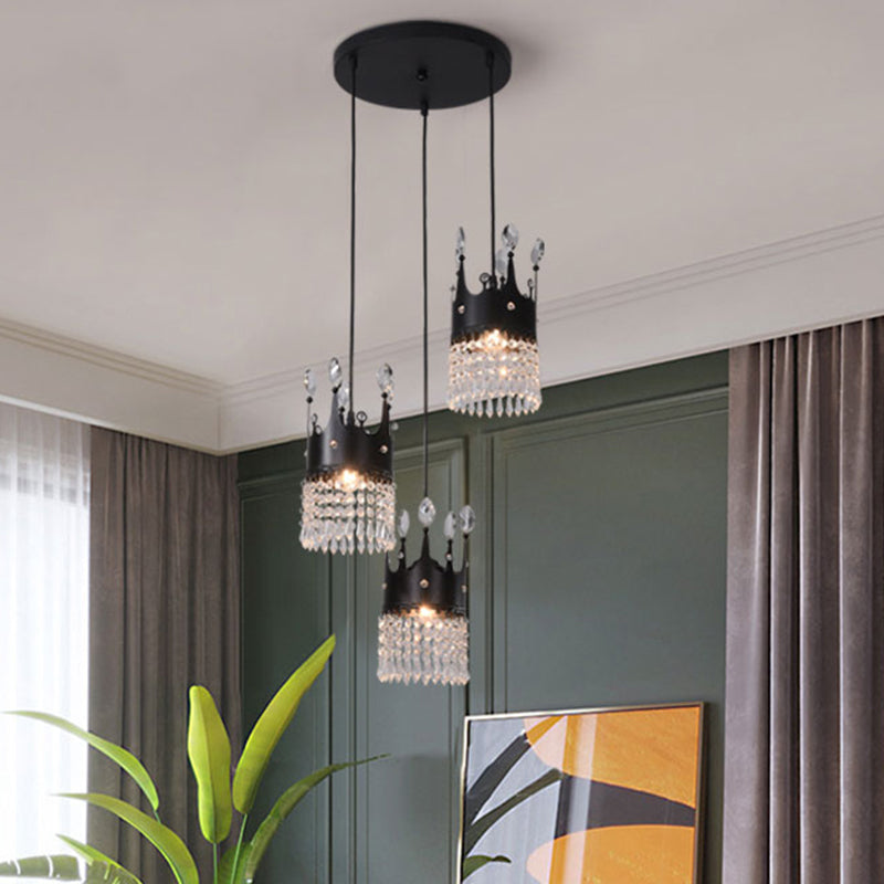 Contemporary Black 3-Head Metal Pendant Light With Crystal Draping For Dining Room / Round