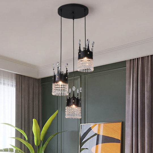 Contemporary Black 3-Head Metal Pendant Light With Crystal Draping For Dining Room / Round