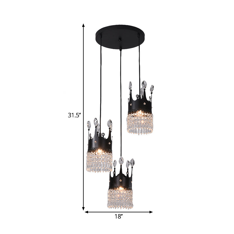 Contemporary Black 3-Head Metal Pendant Light With Crystal Draping For Dining Room