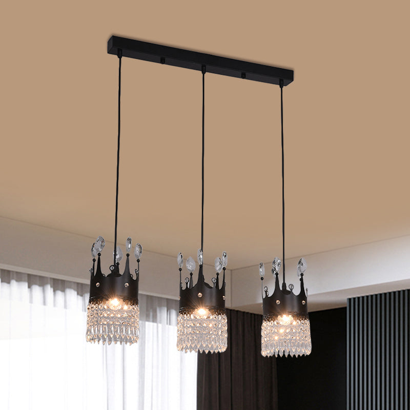 Contemporary Black 3-Head Metal Pendant Light With Crystal Draping For Dining Room / Linear