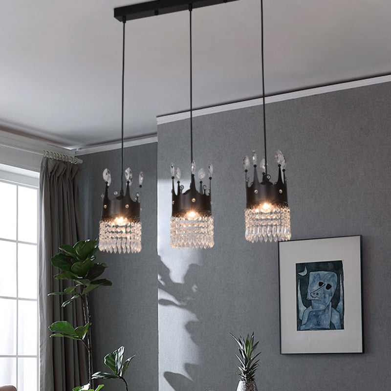 Contemporary Black 3-Head Metal Pendant Light With Crystal Draping For Dining Room